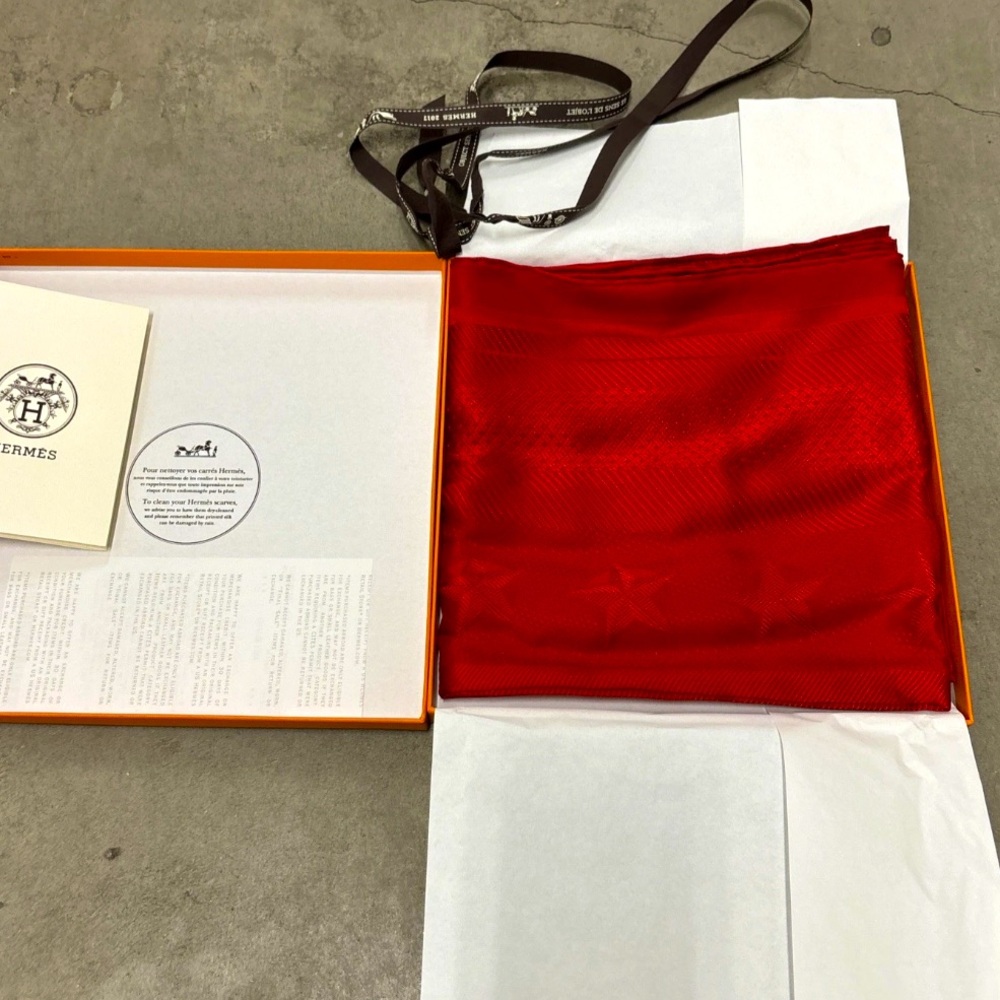 HERMES 90CM RED SILK SCARF NEW IN BOX WITH TAGS + RIBBON